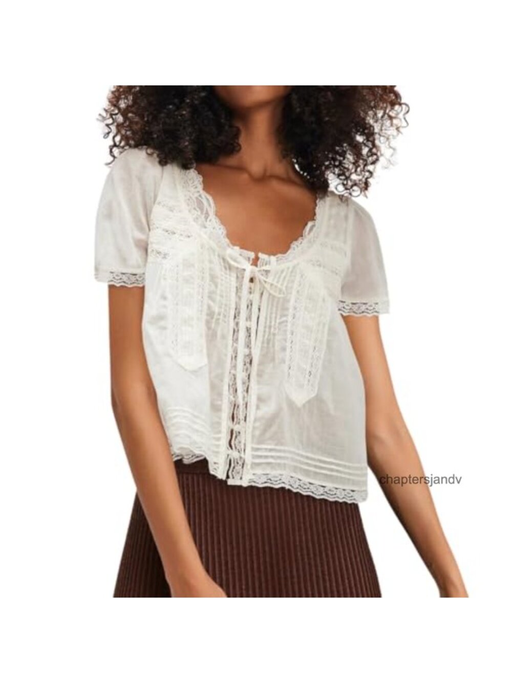 Boho Lace Trim Crop Tee Blouse - Flowy Tie Front Top